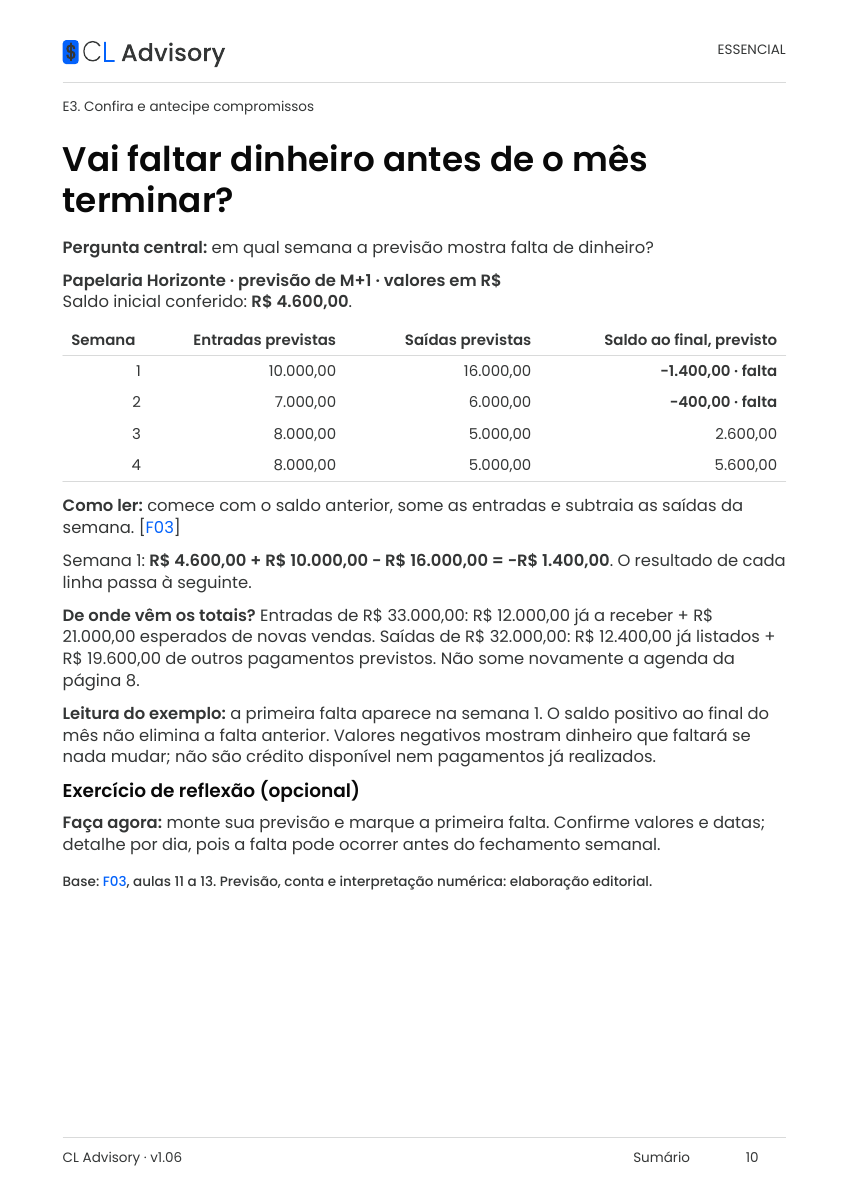 Página 10 do guia: Previsão de caixa